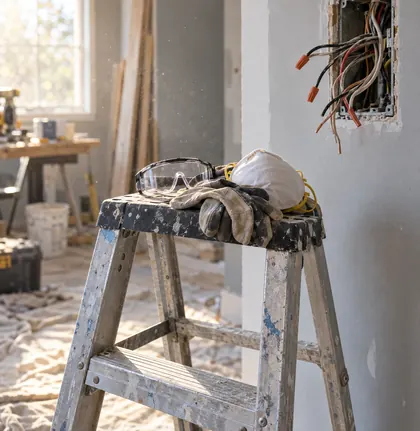 Stepladder with safety glasses, gloves and a dust mask next to an open electrical box with loose wires