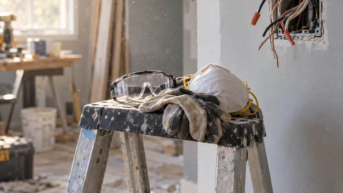 Stepladder with safety glasses, gloves and a dust mask next to an open electrical box with loose wires