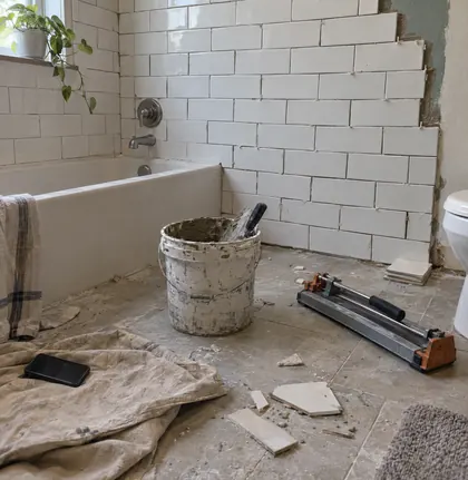 Half-finished DIY bathroom tile job with uneven tiles, a bucket of thinset and scattered tools