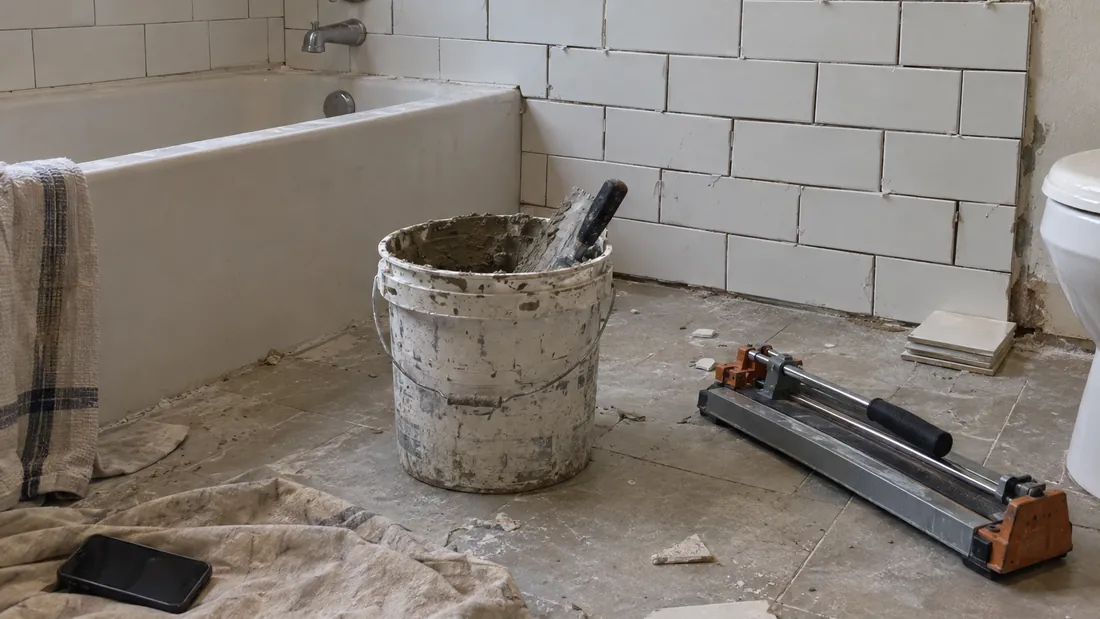 Half-finished DIY bathroom tile job with uneven tiles, a bucket of thinset and scattered tools