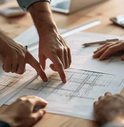 Hands reviewing property plans on a desk
