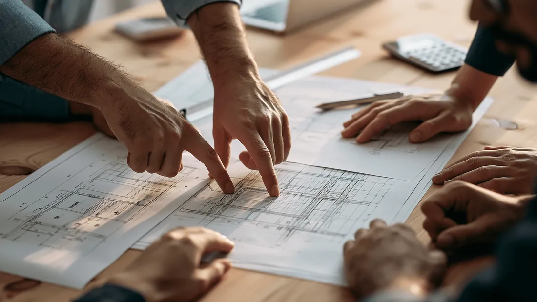 Hands reviewing property plans on a desk