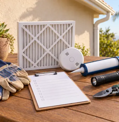 Homeowner's maintenance kit on a porch: clipboard checklist, work gloves, caulk gun, new HVAC filter and a smoke alarm