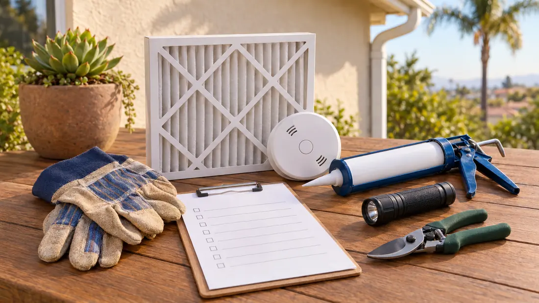 Homeowner's maintenance kit on a porch: clipboard checklist, work gloves, caulk gun, new HVAC filter and a smoke alarm