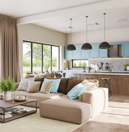 Bright, well-maintained living room with an open kitchen
