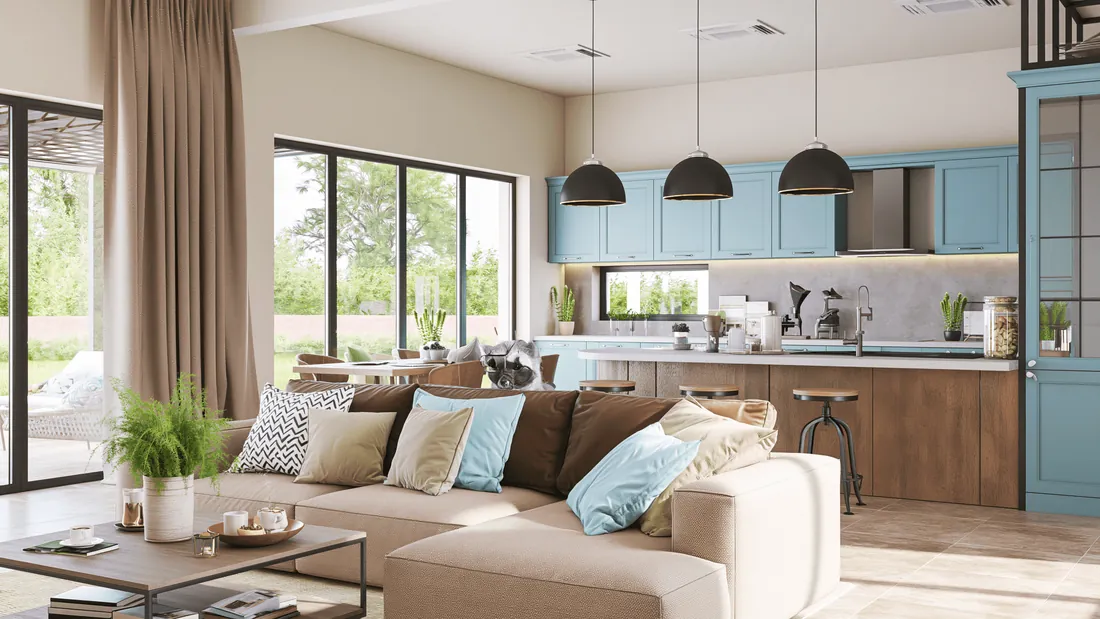 Bright, well-maintained living room with an open kitchen