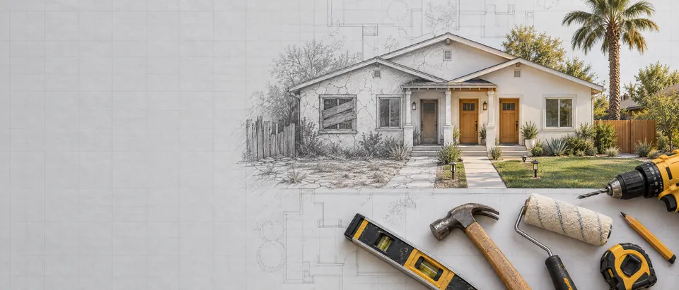 Sketch of a rundown California duplex turning into the same rental property freshly renovated, with a drill, hammer, level and paint roller on blueprint paper