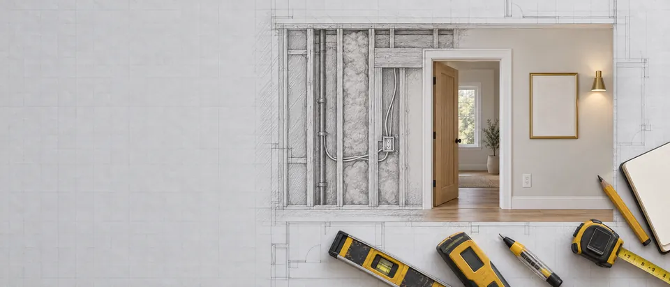 Technical sketch of a wall cutaway with studs, wiring and pipes turning into a finished painted wall and doorway, with a stud finder, level, tape measure and notebook