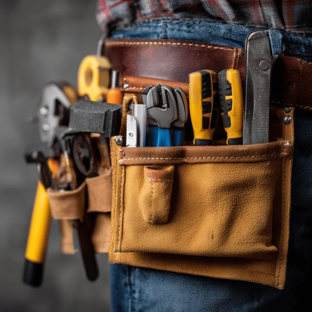 Handyman's leather tool belt loaded with a hammer, pliers and screwdrivers for home repairs