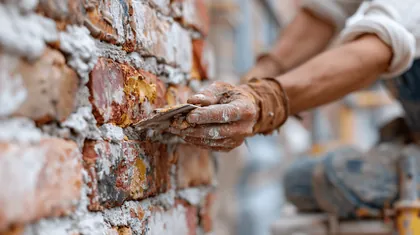 Contractor inspecting a damaged brick wall to diagnose the repair