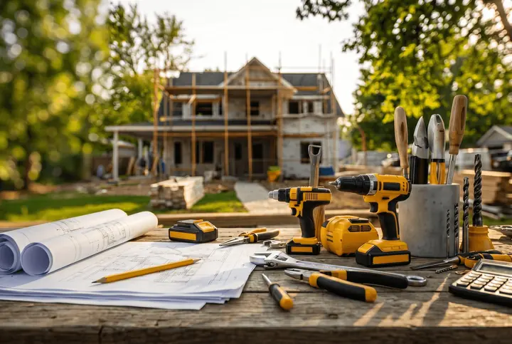 Power tools, blueprints and a tape measure on a job-site table in front of a house under construction